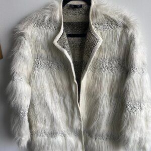 White Shaggy Faux Fur Jacket - Statement Piece, Cardigan Coat M
